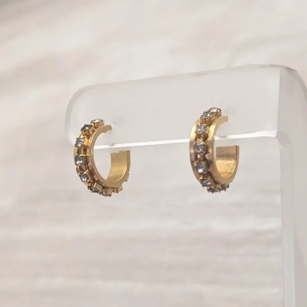 Vintage Stud Earrings Gold Tone Hoops with Clear Gems
